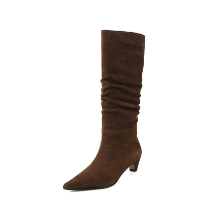 🍒Autumn winter womens footwear cow suede leather heeled boots pointed toe high heel slip-on knee high western footwear No Per-SUEDEing Neccessary