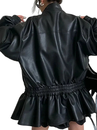 🍒Black pu leather jacket elastic waist ruffle hem coat with elasticated waist for women long sleeve loose fit fashion autumn spring female smart casual outerwear EXPAND Your look with This ELASTICATED waist