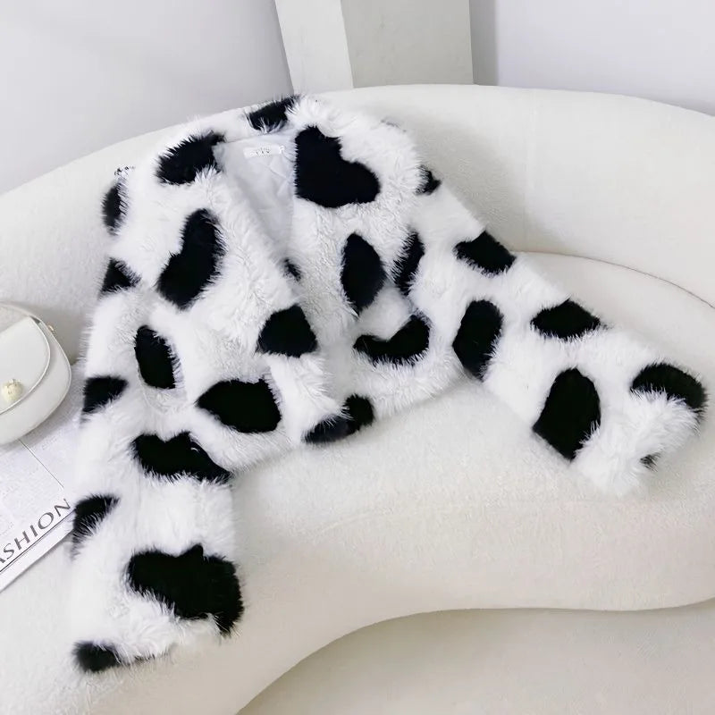 🍒Fur coats for women large  collar jacket with love hearts eco-friendly furry coats chic trendy winter outerwear style versatile Fluffy Lovely
