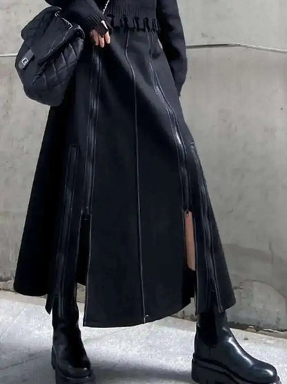 🍒High waist a-line skirt with stretch Waist band black zipper Slit Irregular fashion smart casual women party occasion wear Dont SKIRT around it Zip to this A-sap