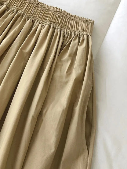 🍒Pleated knee length skirt with pockets womens white long skirt simple fashion summer wear smart casual clothing everday essensial wear every day wear elegant high waist a-line female skirt outfit Simply Easy