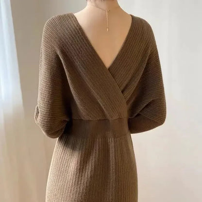 🍒V-neck knit dress criss cross elasticated waist batwing sleeve outfit slim fit elegant autumn winter fashion smart casual wear women Jump Into Knits