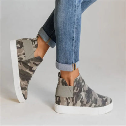 🍒Canvas casual boots spring summer and autumn large size type skate shoes women round toe mid top sneakers casual elastic mouth lazy flat footwear Go On A Leopard Walk