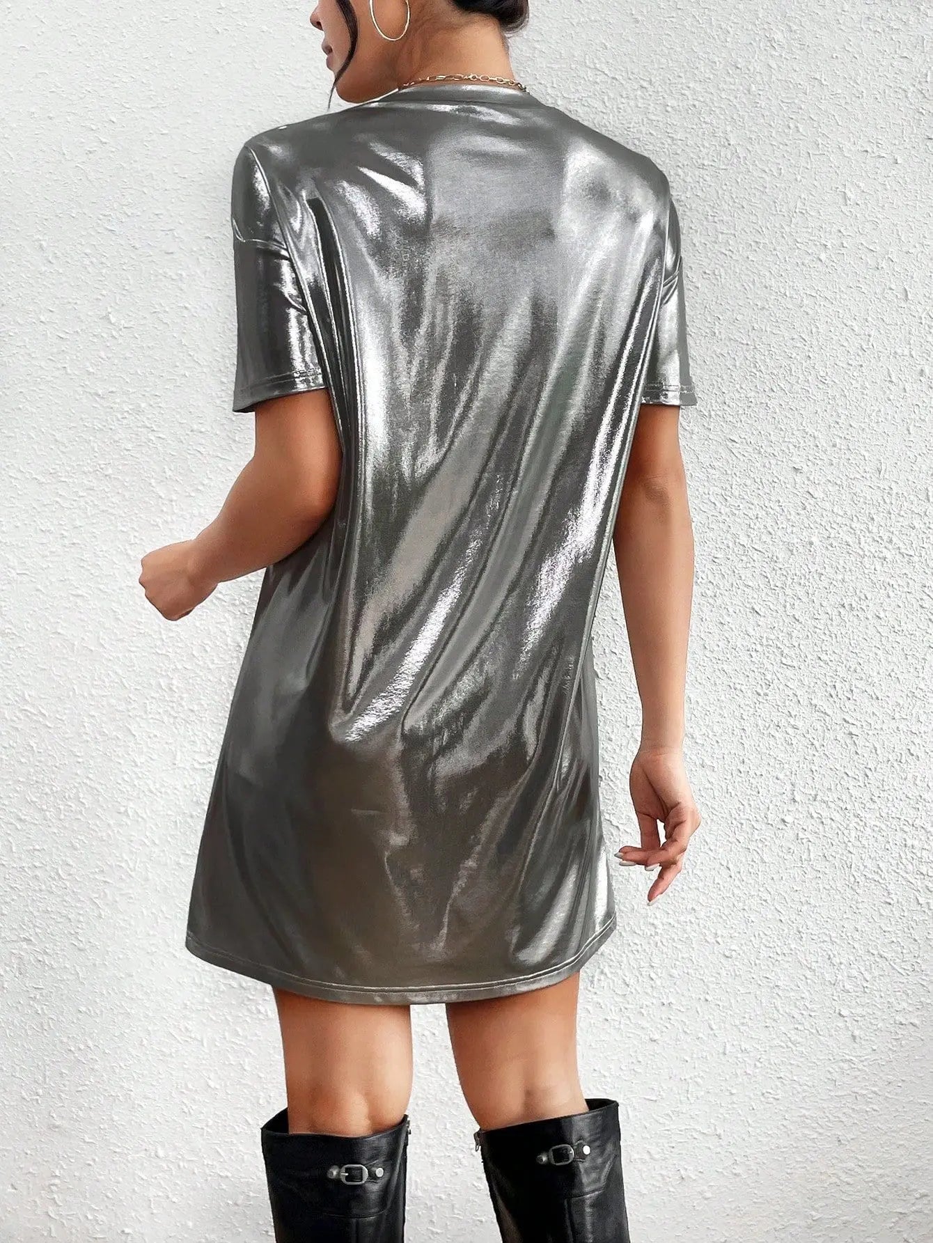 🍒Shiny t-shirt dress trendy o-neck outfit short-sleeved mini dress loose tee club wear party wear holiday wear beach party clothes Save Your Silvers keep Your Coppers
