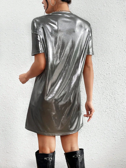 🍒Shiny t-shirt dress trendy o-neck outfit short-sleeved mini dress loose tee club wear party wear holiday wear beach party clothes Save Your Silvers keep Your Coppers