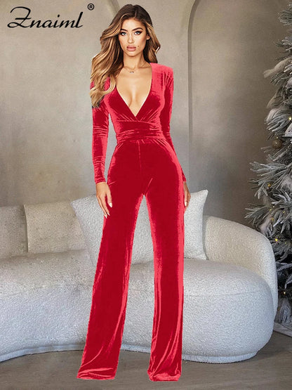 🍒 Velvet jumpsuit black and colours women's autumn winter v- neck jumpsuit outfit solid colour long flare leg one piece office lady clothing