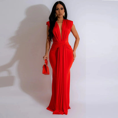 🍒Womens deep v maxi dress  long  sleeveless solid bodycon fitted waist outfit dressy drape colourful evening wear Spend A Colourful HOUR With A GLASS