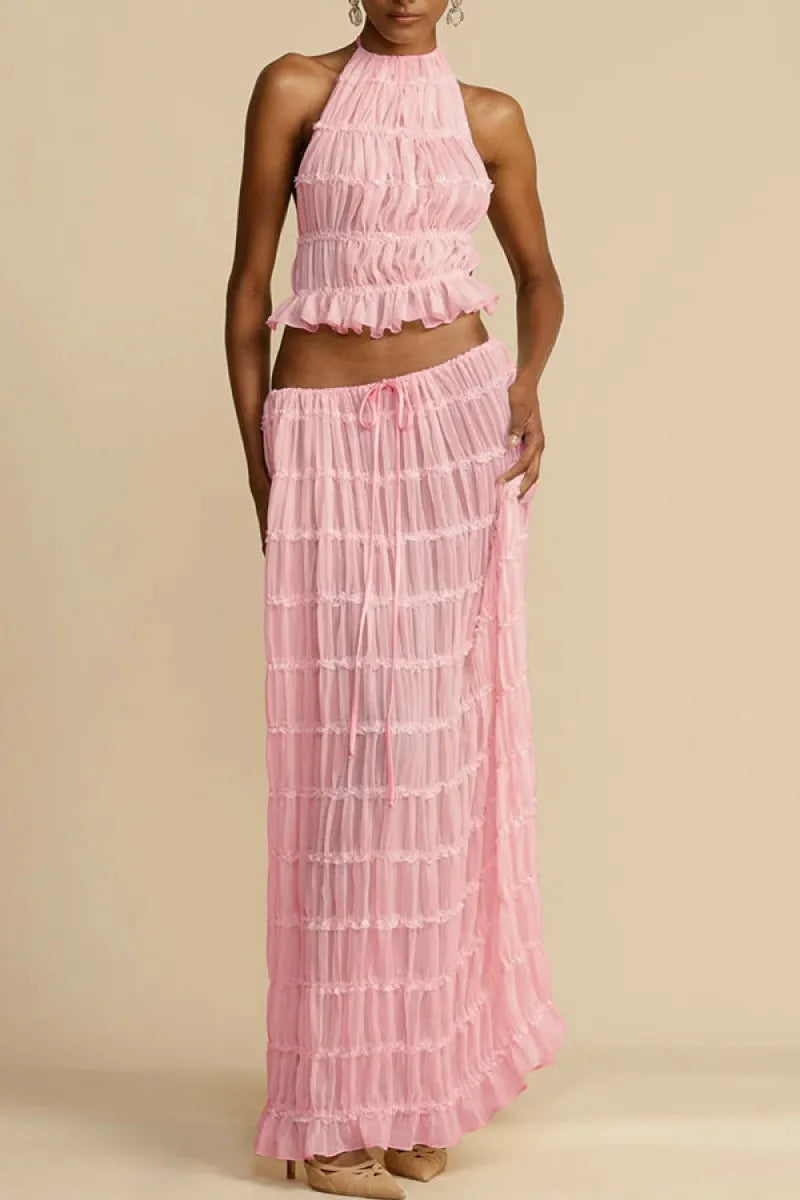 🍒Casual outfit long skirt maxi and sleeveless backless tops for women high waisted long straight skirt beach chic suit  Lovely Ruchie Rufflie