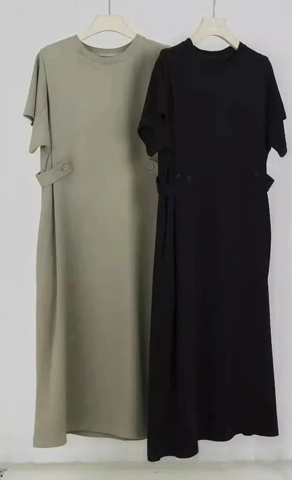 🍒Relaxed fit women’s dress with side pockets lazy style short sleeve outfit for summer loose slimming round neck dress with pockets and button waist tabs a-line plus size fashion  Longline Loosy Love