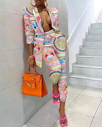 🍒Womens tie dye suit multicolour printed long sleeve jacket and tapered trouser set lapel blazer two piece office wear smart casual clothing