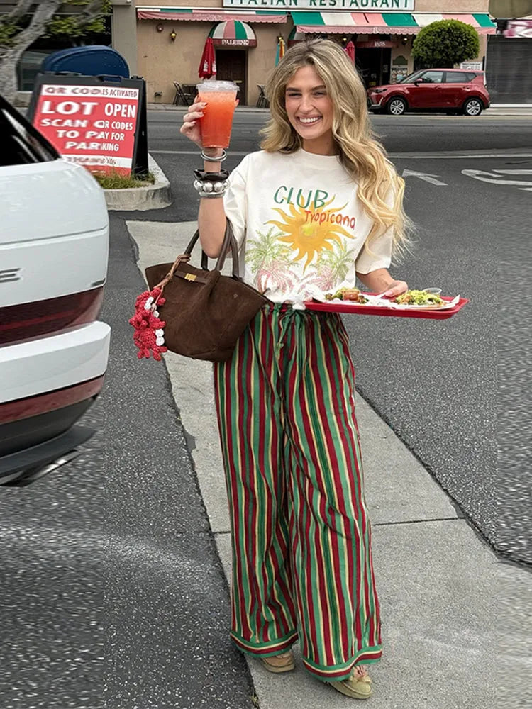 🍒Striped wide leg casual pants women straight stripe drawstring trousers multicolour clothing high Waist smart casual female clothes Look Hot In Peppers