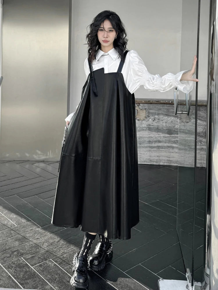 🍒Black faux leather dress big swing size midi spaghetti strap square neck outfit pu shiny with seeveless occasion party wear clothing smart casual women Black Swirly Pearl