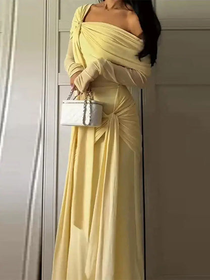 🍒Solid pleated off shoulder maxi dress elegant summer clothes women long sleeve party dress chic occasion wear Get Sun Drenched