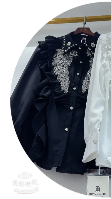 🍒Sequin shirt with beading ruffle blouse for women black occasion shirt Y2k long sleeve occasion top feminine fashion evening wear party wear tops Look Frilling In Your Frilly Frills