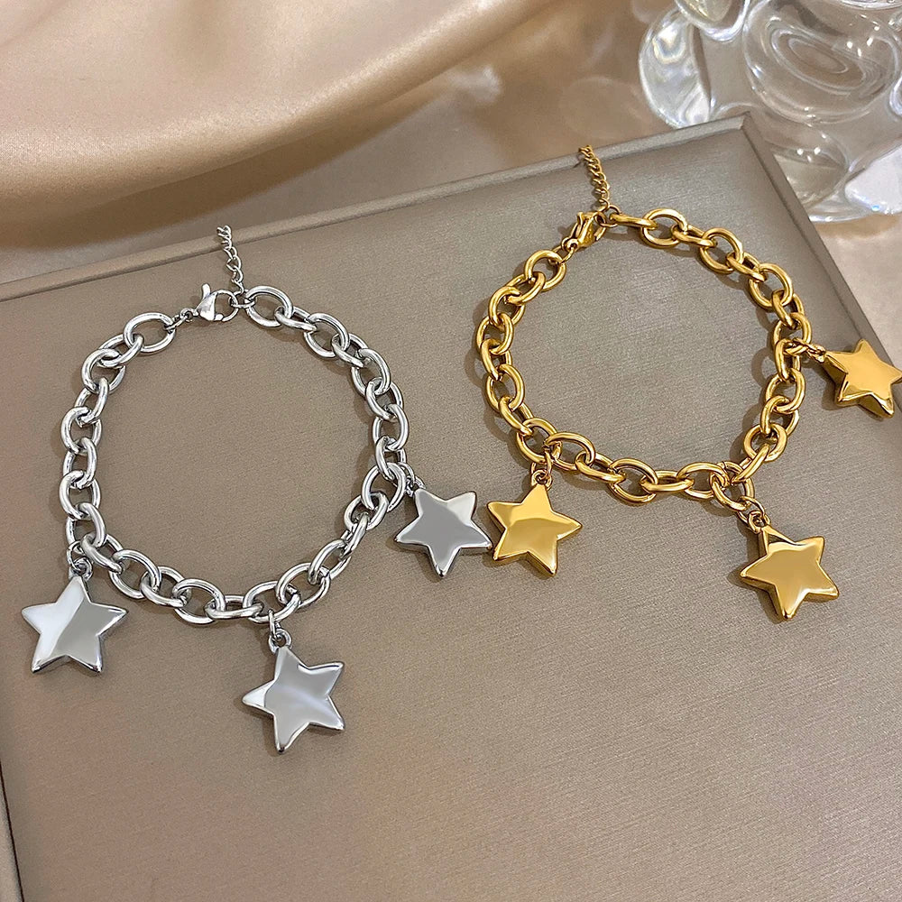 🍒Chunky star bracelet thick  stainless steel pendant chain silver bracelet for women gold plated stars wrist jewellery  you will be STAR-tled When You Get This
