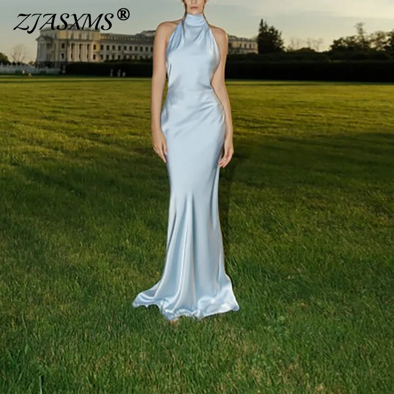 🍒Halter backless evening dress trendy woman's clothes solid satin bodycon summer wear dress  es fashion wear ribbon back outfit Sensual Sensation Satin