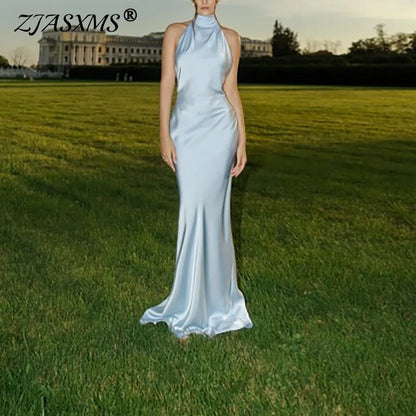🍒Halter backless evening dress trendy woman's clothes solid satin bodycon summer wear dress  es fashion wear ribbon back outfit Sensual Sensation Satin