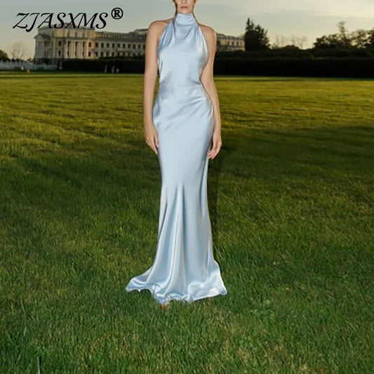 🍒Halter backless evening dress trendy woman's clothes solid satin bodycon summer wear dress  es fashion wear ribbon back outfit Sensual Sensation Satin