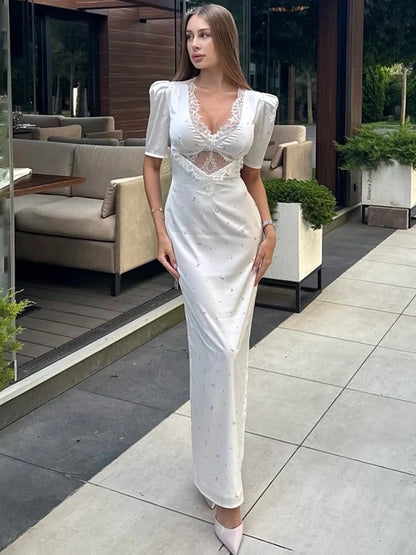 🍒Lace long dress for women short sleeve maxi dress lace insert party outfit mix media fashion wear occasion wear Pose In Rose