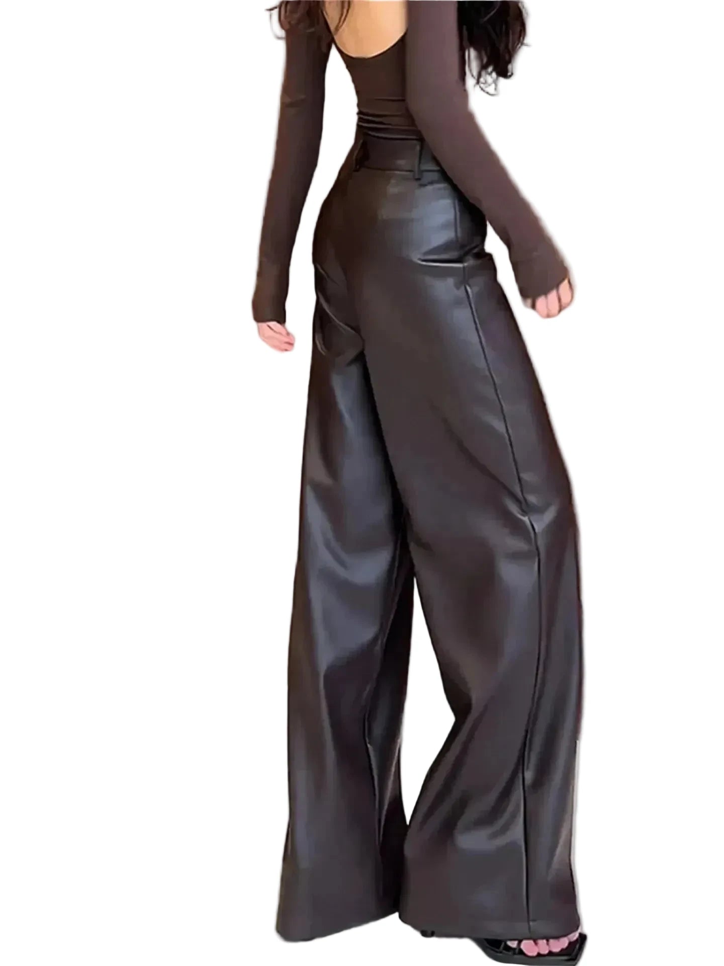 🍒High waist pu leather pants deep brown smart casual women floor length boot cut leather trousers occasion party wear clothing CUT out the chase for a BOOT boost