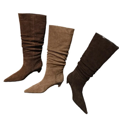🍒Autumn winter womens footwear cow suede leather heeled boots pointed toe high heel slip-on knee high western footwear No Per-SUEDEing Neccessary