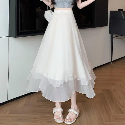 🍒Midi long skirt elastic waist ladies spring summer womens fashion  a-line clothing Female chiffon skirt outfit smart casual clothing party occasion wear Lavish In Layers