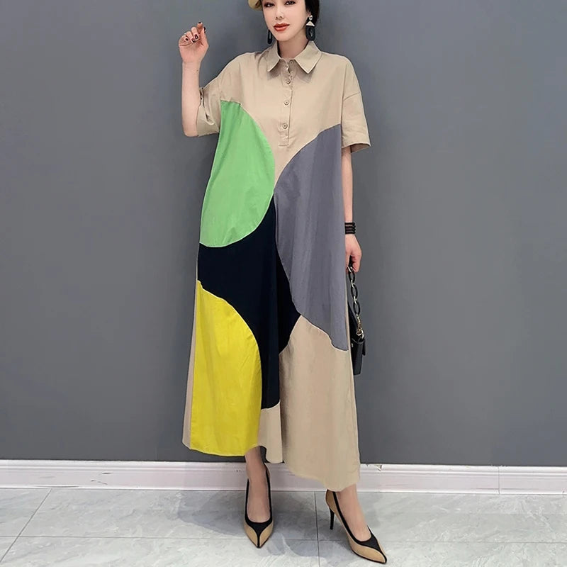 🍒Black patchwork dress loose fit smart casual woman summer shirt style outfit trendy large womens fashion