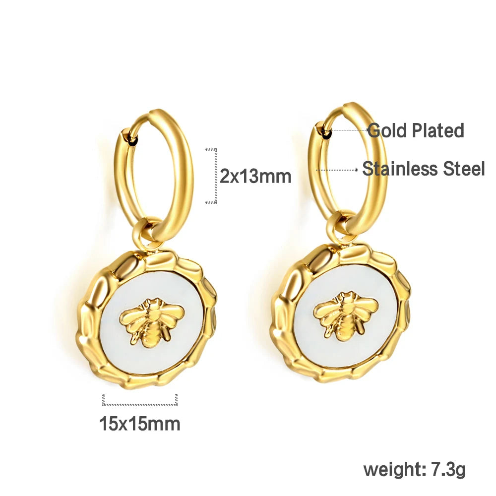🍒Trendy jewellery stainless steel jewlry oil drip 18K gold plated hoop earrings butterfly shell bee heart earrings smart casual accessories
