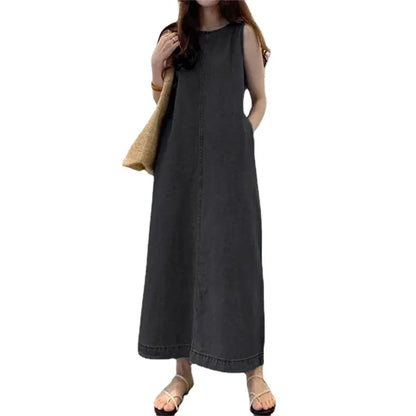 🍒Sleeveless denim long dress for women fashion round neck denim maxi dress outfit a-line with pockets casual wear loose summer clothing