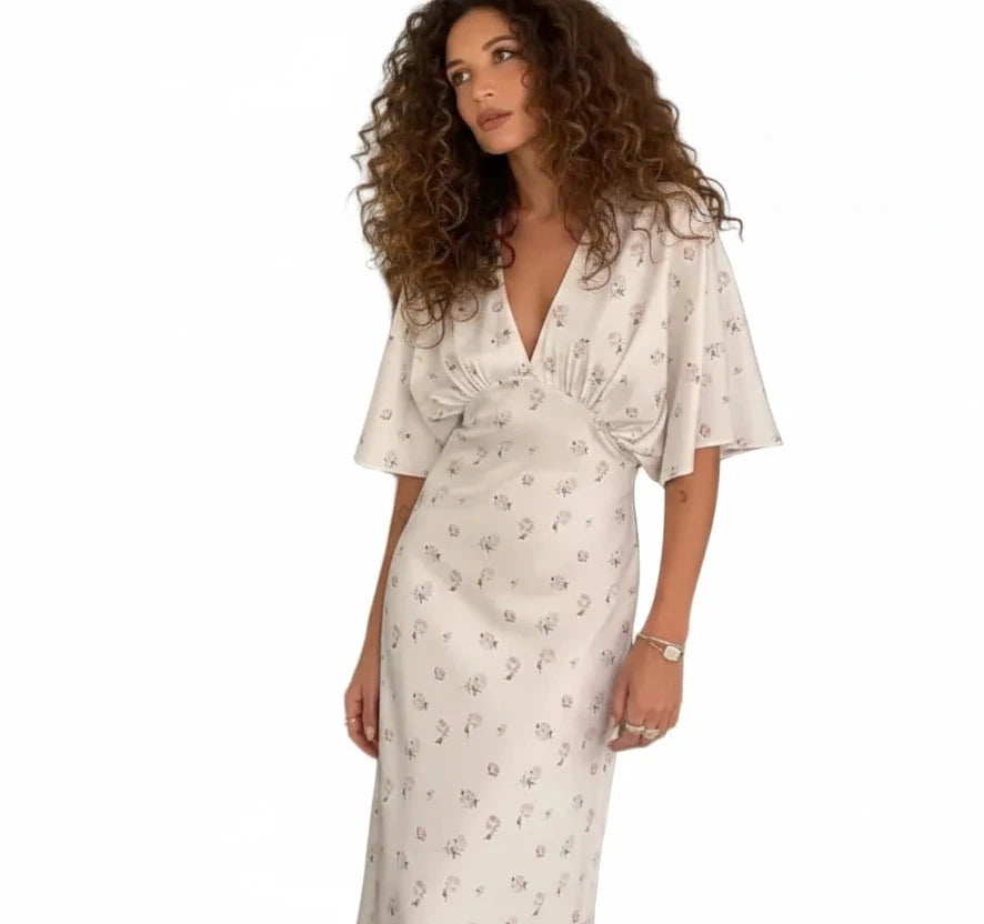 🍒White floral satin maxi dress for women casual or occasion wedding guest beach vacation outfit flower printed v-neck dress womens fashion slim fit waist short butterfly sleeve long summer wear with short sleeves high waist cute comfy casu-casion