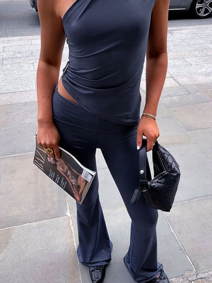 🍒Womens two piece vest & pants Summer fashion casual slim classy street wear clothing solid sleeveless off Shoulder top tank and flared trousers Walk With FLARE In Your COLD SHOULDER