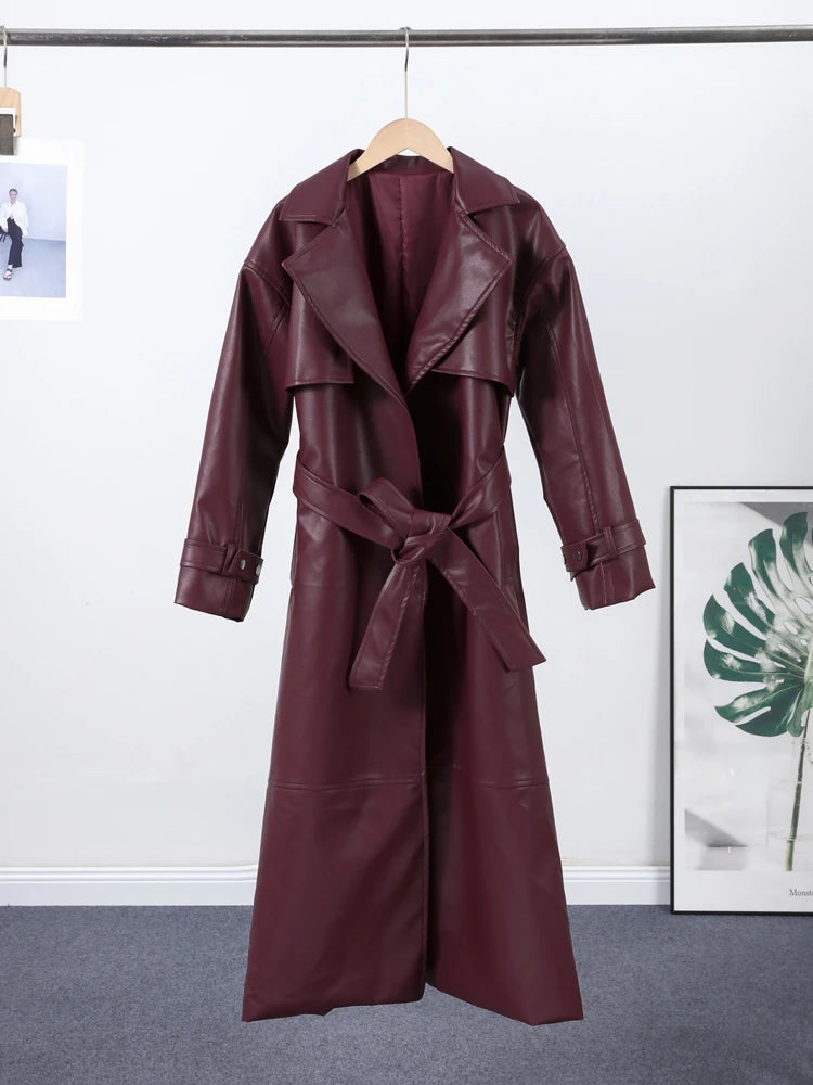 🍒faux leather women coat with lapel long Y2K solid belt and pocket long sleeve pu trench fall winter outwear female Faux Fans Fast Forward