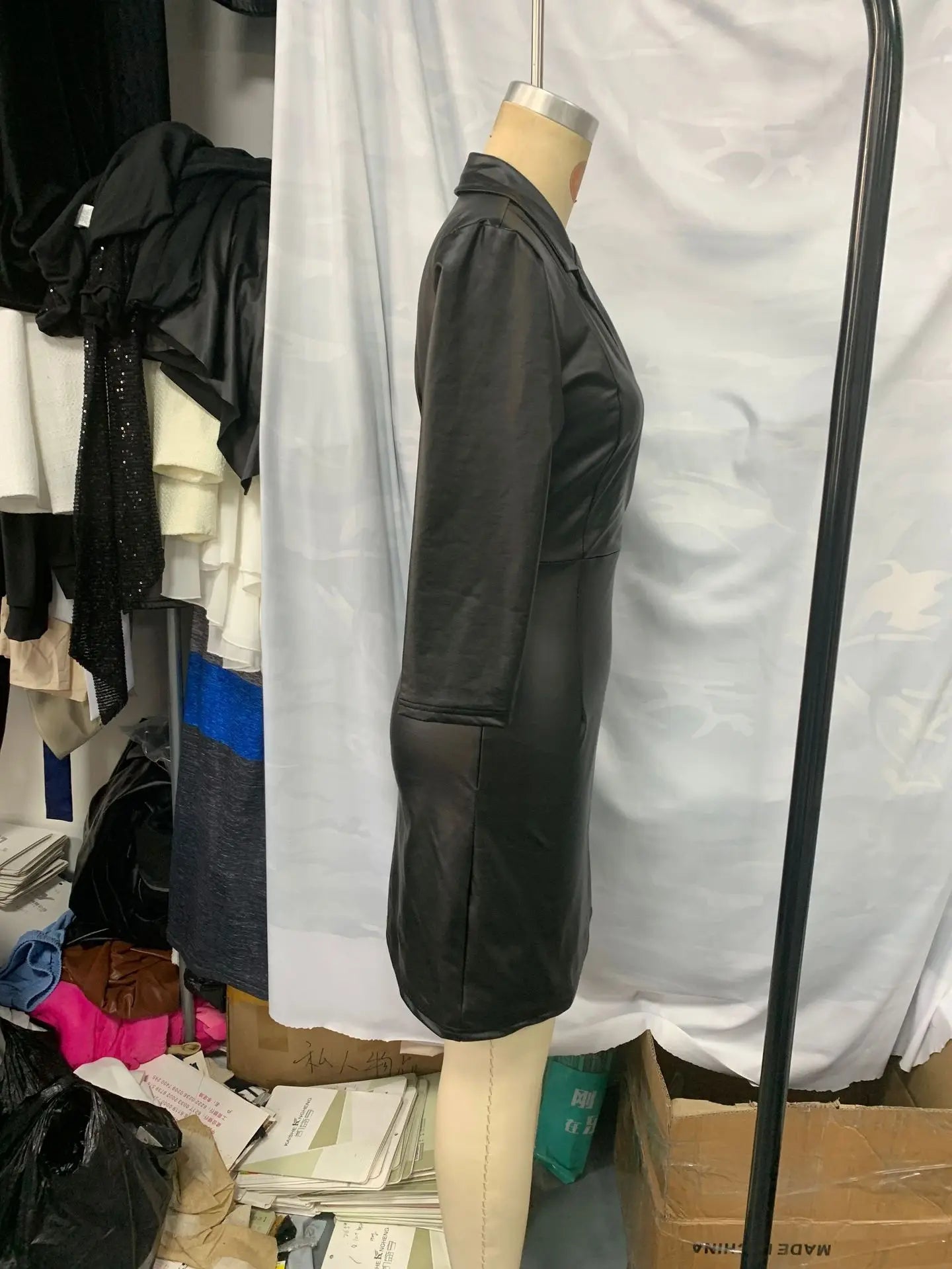 🍒Black faux leather dress womens lapel outfit chic occasion wear female fashion clothing smartwear v-neck bodycon autumn and winter wear Lavish Liquorice Leather Look