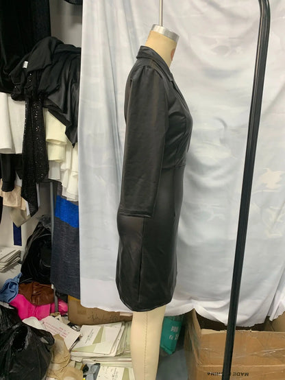 🍒Black faux leather dress womens lapel outfit chic occasion wear female fashion clothing smartwear v-neck bodycon autumn and winter wear Lavish Liquorice Leather Look