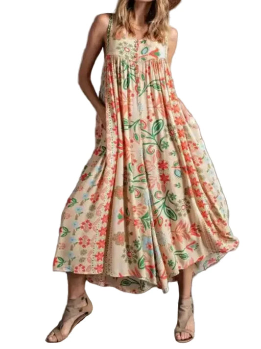 🍒Fashion print jumpsuit for women casual vintage outfit loose spring summer clothing Women's boho chic holiday clothing floral one piece   Fling Out Your Floral