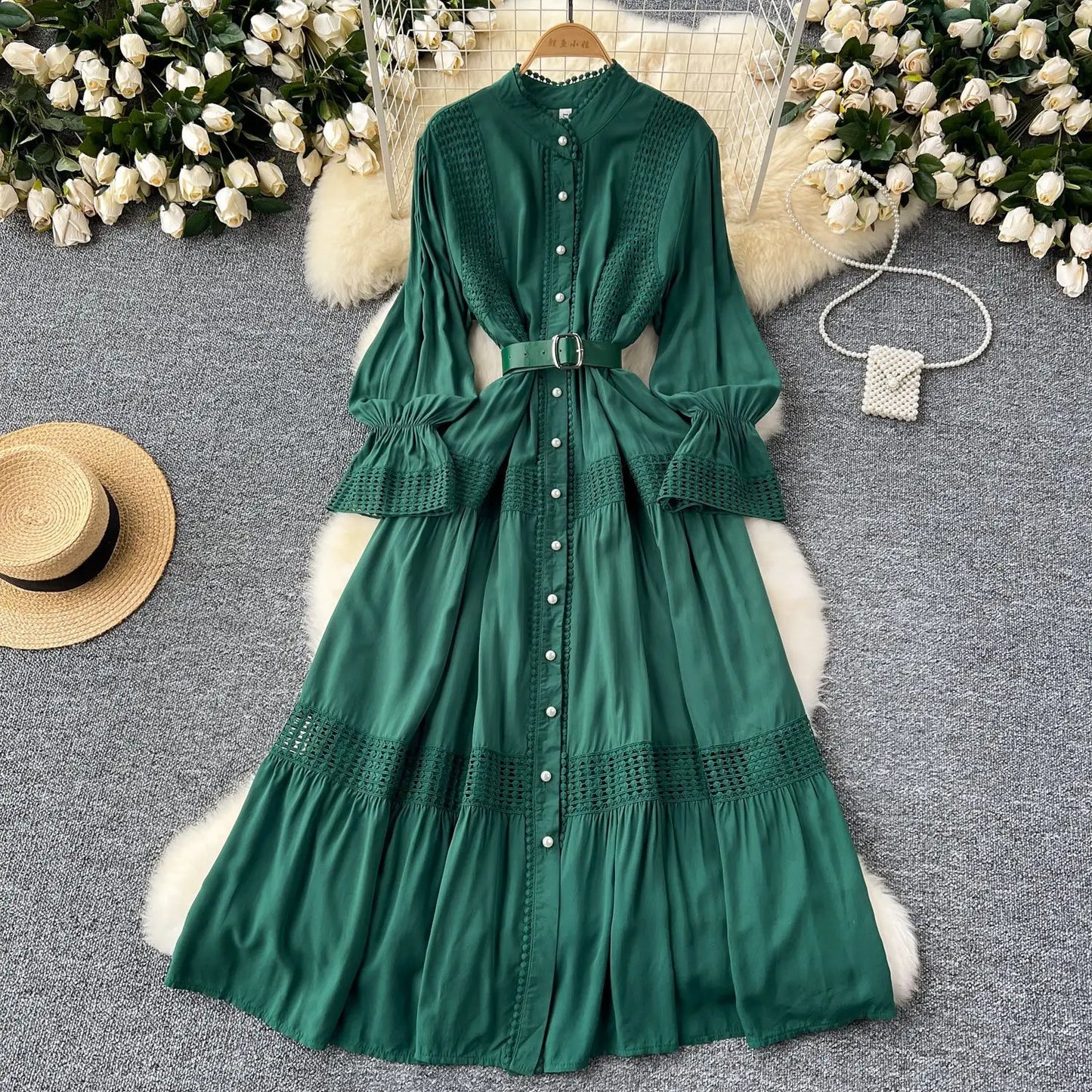 🍒Stand collar maxi dress a-line elegant single breasted smart casual women puff seeve outfit single breasted shirt dresses high waist Y2k fashion vintage style clothimg Get A ComPLEAT Look