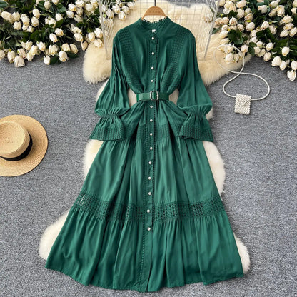 🍒Stand collar maxi dress a-line elegant single breasted smart casual women puff seeve outfit single breasted shirt dresses high waist Y2k fashion vintage style clothimg Get A ComPLEAT Look