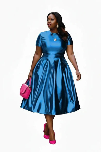 🍒A-line shiny dress metallic short sleeve midi for women plus size outfit fit and flare elastic dress smart casual clothing Summer Stunner