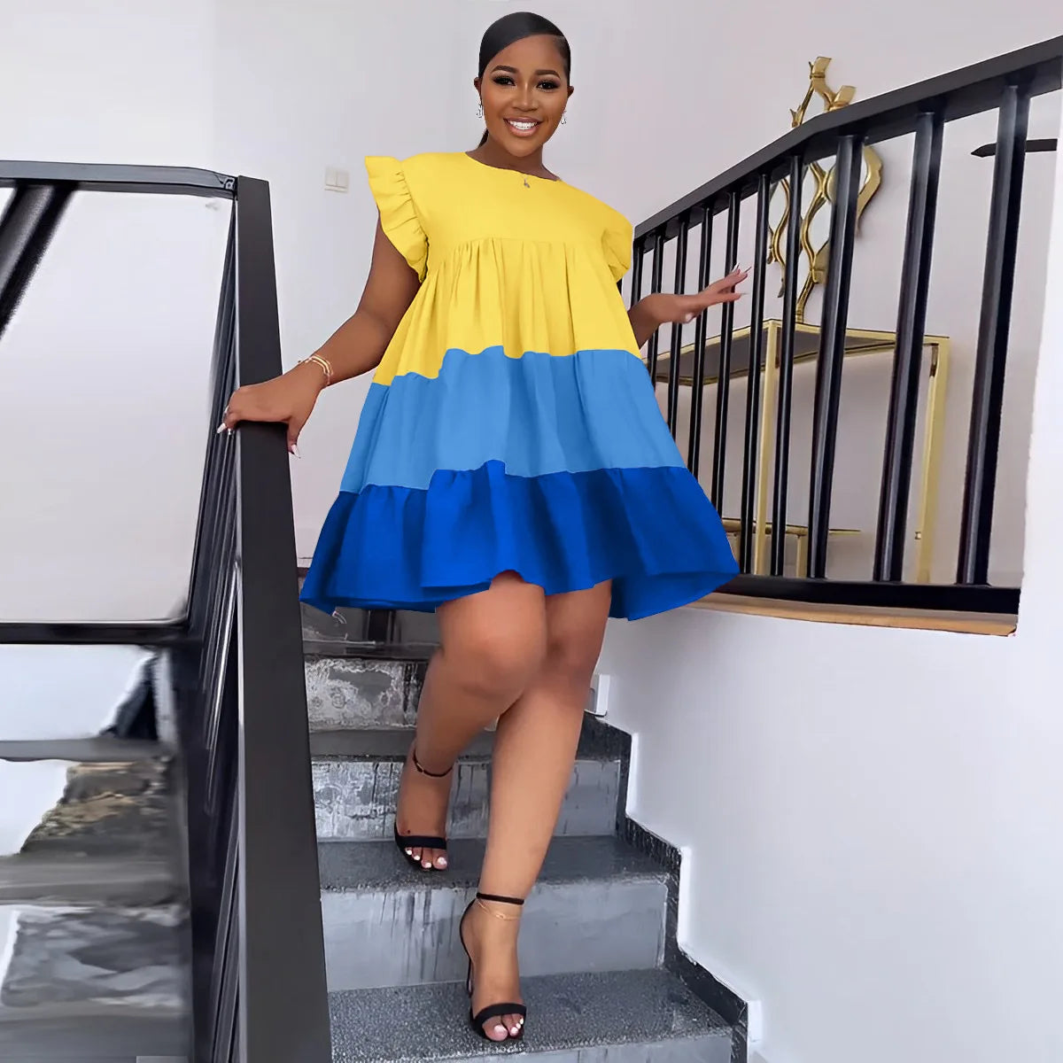 🍒Patchwork ruffle dress short sleeve big swing smock babydoll dress wide stripe chic fashion dresses Get Smitten With A Smock