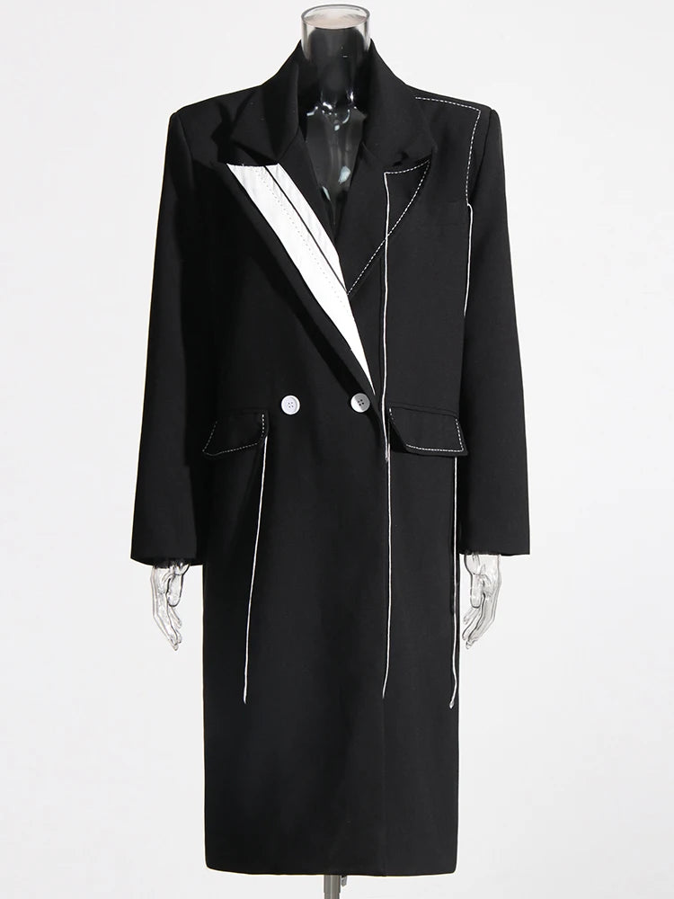 🍒 Colour contrast coat with lapel collar long sleeve overcoat for women with straight patchwork pockets casual spring coat female fashion wear Collar Cool Contrast