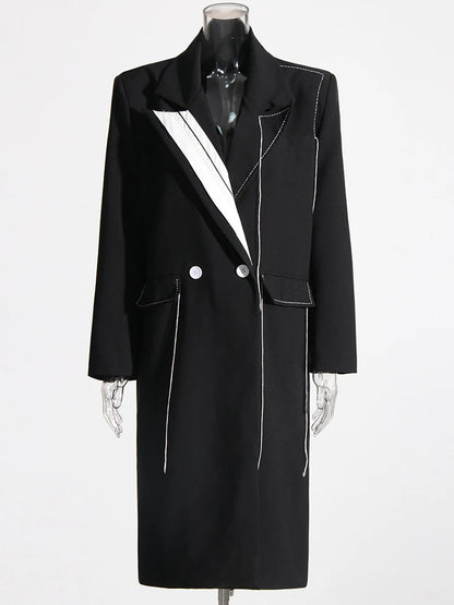 🍒 Colour contrast coat with lapel collar long sleeve overcoat for women with straight patchwork pockets casual spring coat female fashion wear Collar Cool Contrast