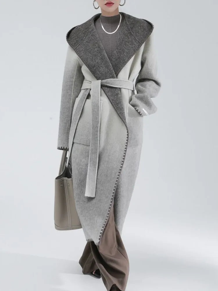 🍒Pink wool mix coat with hood and belt stylish winter overcoat colourful modern fashion coat smart casual outerwear women Look Candy In Floss Wool