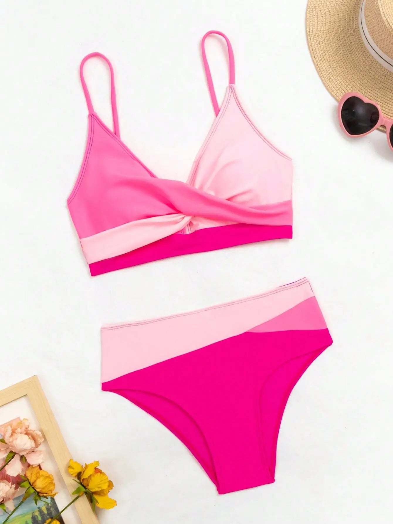 🍒Patchwork two piece swimsuit for women high waist bikini v-neck adjustable suspender type spaghetti strap backless swim set summer beach Vacation Swimwear  Drink Fruities In Your Fruity