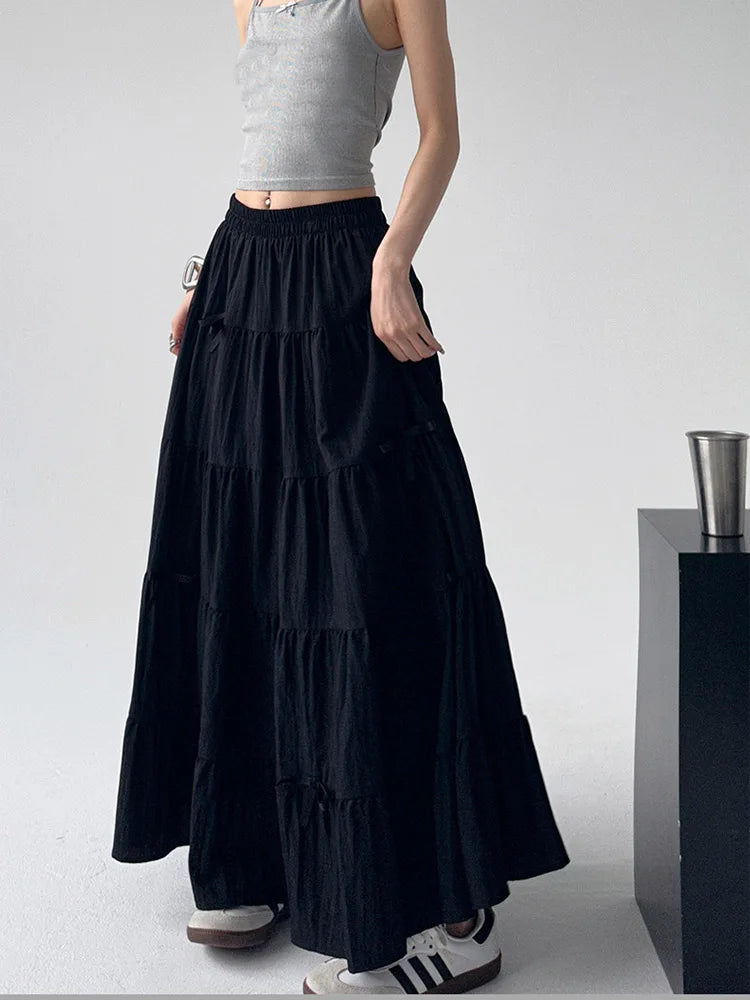 🍒Bow skirts high waist a-line women summer wear vintage loose feminine fashion wears preppy style white chic long skirt