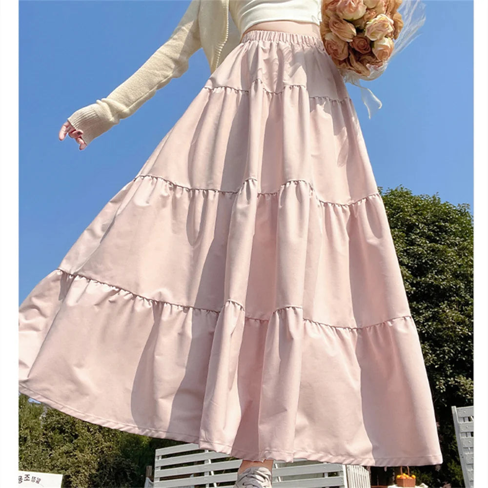 🍒Womens long skirts vintage sweet skirt high waist female fashion clothes maxi girly pink black loose jersey a-line umbrella maxi skirt  Carry This Umbrella