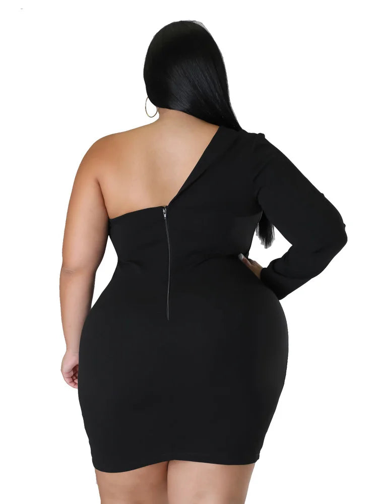 🍒One shoulder plus size dress wedding guest party outfit women v-neck single long sleeve solid suit dress mini occasion clothing Be Redy And Fresh In A Cool Dress