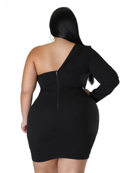 🍒One shoulder plus size dress wedding guest party outfit women v-neck single long sleeve solid suit dress mini occasion clothing Be Redy And Fresh In A Cool Dress