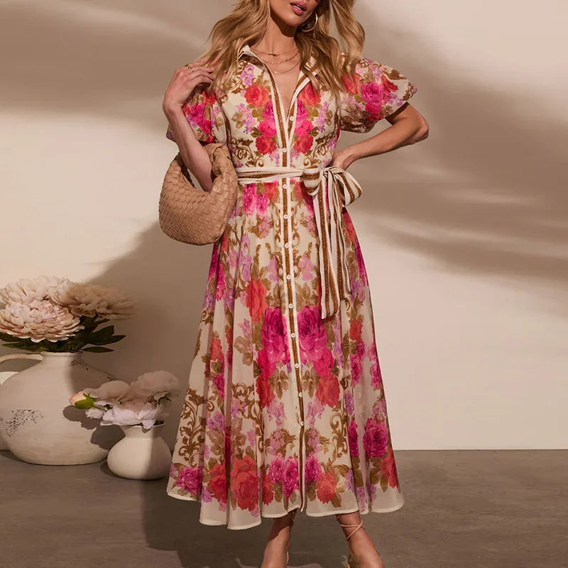 🍒Floral Print Bohemian dress summer party chic outfit button up womens evening party wear Long maxi outfits elegant single breasted shirts dress