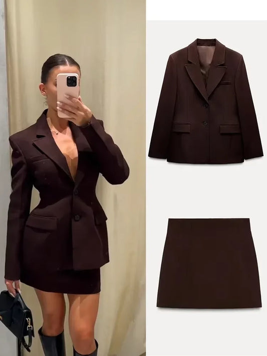 🍒Lapel blazer skirt set women smart casual clothing solid long sleeve single breasted jacket with pockets and matching solid a-line mini skirt party occasion outfit fashion wear