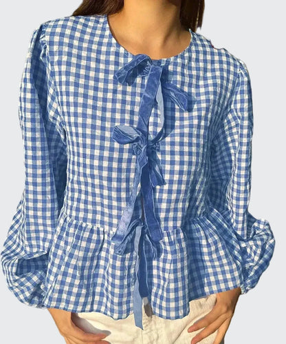🍒Shirt Women casual blouses spring jacket printed check blouse with bows in front round collar puff sleeve overshirt sweet smart casual female clothes spring Summer wear  Bring Some BOW Beauty And CHECK The Compliments